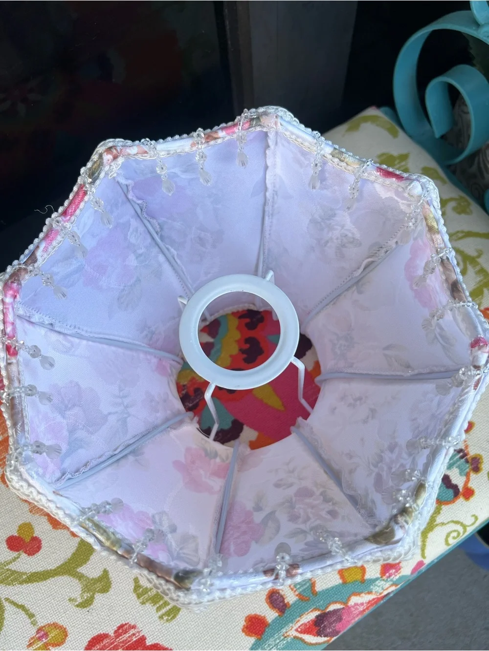 Floral Bell Lamp Shade Pink Rose Fabric Beaded Fringe Cottagecore Victorian